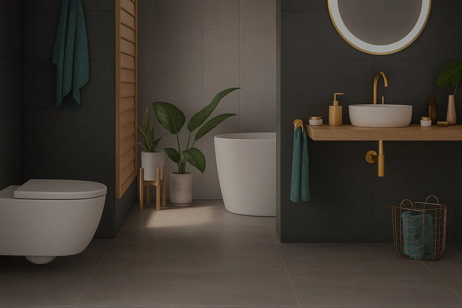 Luxe badkamer met inloopdouche, zwevend toilet en messing kranen